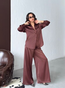 Yüksek Bel Bol Paça Saten Pantolon – Şık Ve Rahat Tasarım - Kahve | F2052 #2