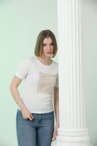 Topshow Krem Önü Dantelli Toptan T-Shirt