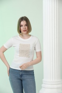 Topshow Krem Önü Dantelli Toptan T-Shirt #3