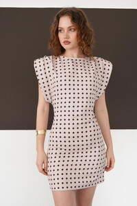 Puantiyeli Bisiklet Yaka Diz Üstü Toptan Elbise - Taş | D3013 - Topshow