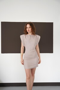 Puantiyeli Bisiklet Yaka Diz Üstü Toptan Elbise - Taş | D3013 - Topshow