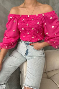 Topshow Fuşya Gipeli Papatya Desenli Toptan Bluz