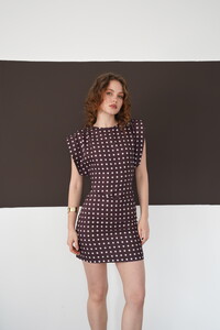 Puantiyeli Bisiklet Yaka Diz Üstü Toptan Elbise - Kahve | D3013 - Topshow #4