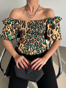 Topshow Leopar Zümrüt Gibeli Kayık Yaka Toptan Bluz #3