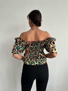 Topshow Leopar Zümrüt Gibeli Kayık Yaka Toptan Bluz #5
