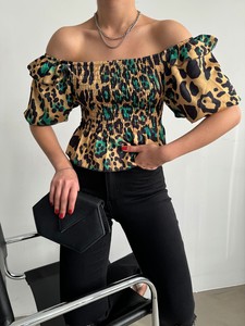 Topshow Leopar Zümrüt Gibeli Kayık Yaka Toptan Bluz #2