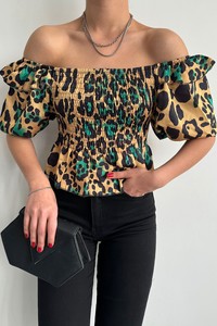 Topshow Leopar Zümrüt Gibeli Kayık Yaka Toptan Bluz #1