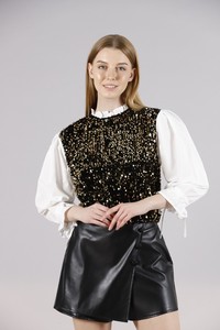 Topshow Siyah Gold Beden Pulpayet Kollar Saten Toptan Sweat #2