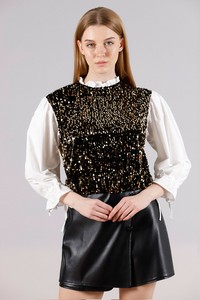 Topshow Siyah Gold Beden Pulpayet Kollar Saten Toptan Sweat #1