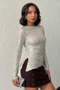 Shiny Sequined Long Sleeve Wholesale Blouse - Stone | F2060 #1