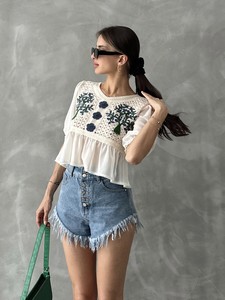 Topshow Taş Saks Çiçek Desenli Ham Toptan Bluz #3