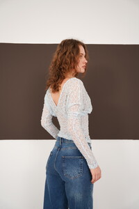 V  Yaka Güpür Toptan Bluz - Mavi | F2093 - Topshow #4