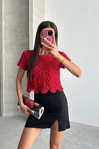 Topshow Kırmızı Güpür Abiye Toptan Bluz #2