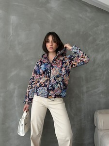 Topshow Lacivert Desenli Kapüşonlu Crop Toptan Mont #3