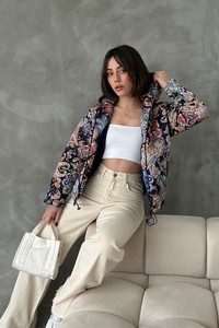 Topshow Lacivert Desenli Kapüşonlu Crop Toptan Mont