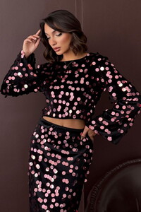 F 1999 PULLU KADİFE BLUZ - SİYAH PEMBE #1
