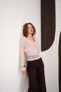 V  Yaka Güpür Toptan Bluz - Pembe | F2093 - Topshow #2