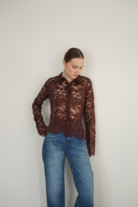 F2081 BRODE DANTELİ GÖMLEK - KAHVE #2