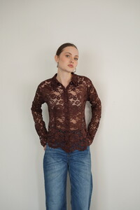 F2081 BRODE DANTELİ GÖMLEK - KAHVE #4