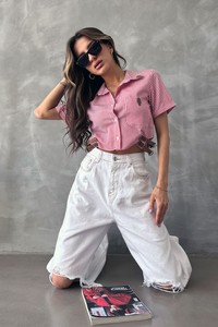 Topshow Kırmızı Çizgili Kemer Detaylı Çizgili Toptan Gömlek