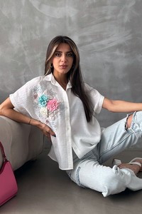 Topshow Krem Çiçek Detaylı Toptan Gömlek