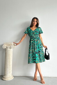 Topshow Zümrüt Leopar Desenli Uzun Toptan Elbise