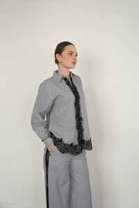 F 2082 DANTEL DETAYLI ÇİZGİLİ GÖMLEK - SİYAH #2