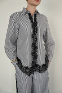 F 2082 DANTEL DETAYLI ÇİZGİLİ GÖMLEK - SİYAH #4