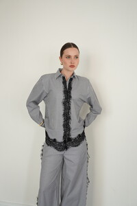 F 2082 DANTEL DETAYLI ÇİZGİLİ GÖMLEK - SİYAH #3