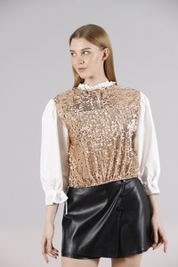 Topshow Krem Camel Beden Pulpayet Kollar Saten Toptan Sweat #2
