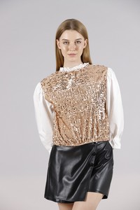 Topshow Krem Camel Beden Pulpayet Kollar Saten Toptan Sweat #3
