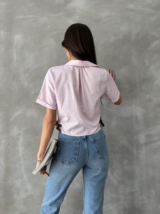 Topshow Pembe Çizgili Kemer Detaylı Çizgili Toptan Gömlek #5