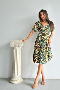 Topshow Leopar Zümrüt Desenli Uzun Toptan Elbise #1