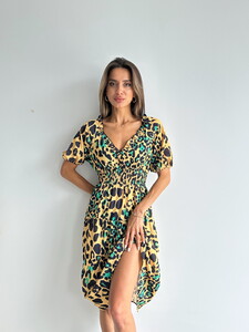Topshow Leopar Zümrüt Desenli Uzun Toptan Elbise #4