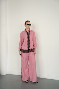 F 2082 DANTEL DETAYLI ÇİZGİLİ GÖMLEK - BORDO #4