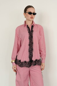 F 2082 DANTEL DETAYLI ÇİZGİLİ GÖMLEK - BORDO #3