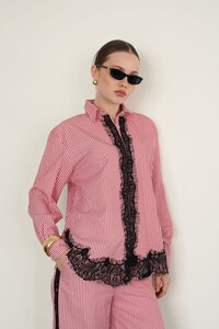 F 2082 DANTEL DETAYLI ÇİZGİLİ GÖMLEK - BORDO