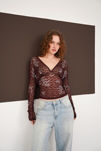 V  Yaka Güpür Toptan Bluz - Kahve | F2093 - Topshow #2