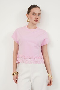Güpür Detaylı Tişört - Pembe | Topshow