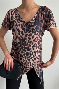 Topshow Büyük Leopar V Yaka Zincirli Toptan Bluz