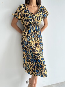 Topshow Leopar Saks Desenli Uzun Toptan Elbise #4