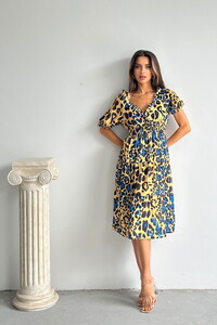 Topshow Leopar Saks Desenli Uzun Toptan Elbise