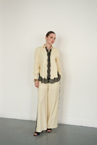 F 2082 DANTEL DETAYLI ÇİZGİLİ GÖMLEK - SARI #3