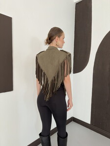 F 2176 APOLET DETAYLI PÜSKÜLLÜ KISA PANÇO/CAPE - HAKİ #5