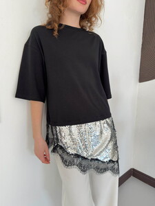 D 3064 PULLU DANTELLİ TİŞÖRT - SİYAH #4