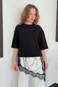 D 3064 PULLU DANTELLİ TİŞÖRT - SİYAH