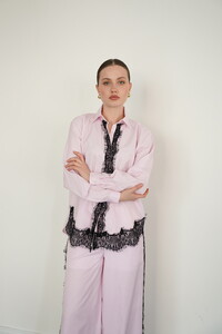 F 2082 DANTEL DETAYLI ÇİZGİLİ GÖMLEK - PEMBE #3