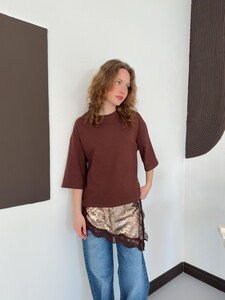 D 3064 PULLU DANTELLİ TİŞÖRT - KAHVE #2