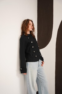 Hakim Yaka Omuzu Ve Kol Ucu Apoletli Toptan Ceket - Siyah | F2097 - Topshow #3