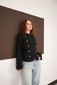 Hakim Yaka Omuzu Ve Kol Ucu Apoletli Toptan Ceket - Siyah | F2097 - Topshow #2